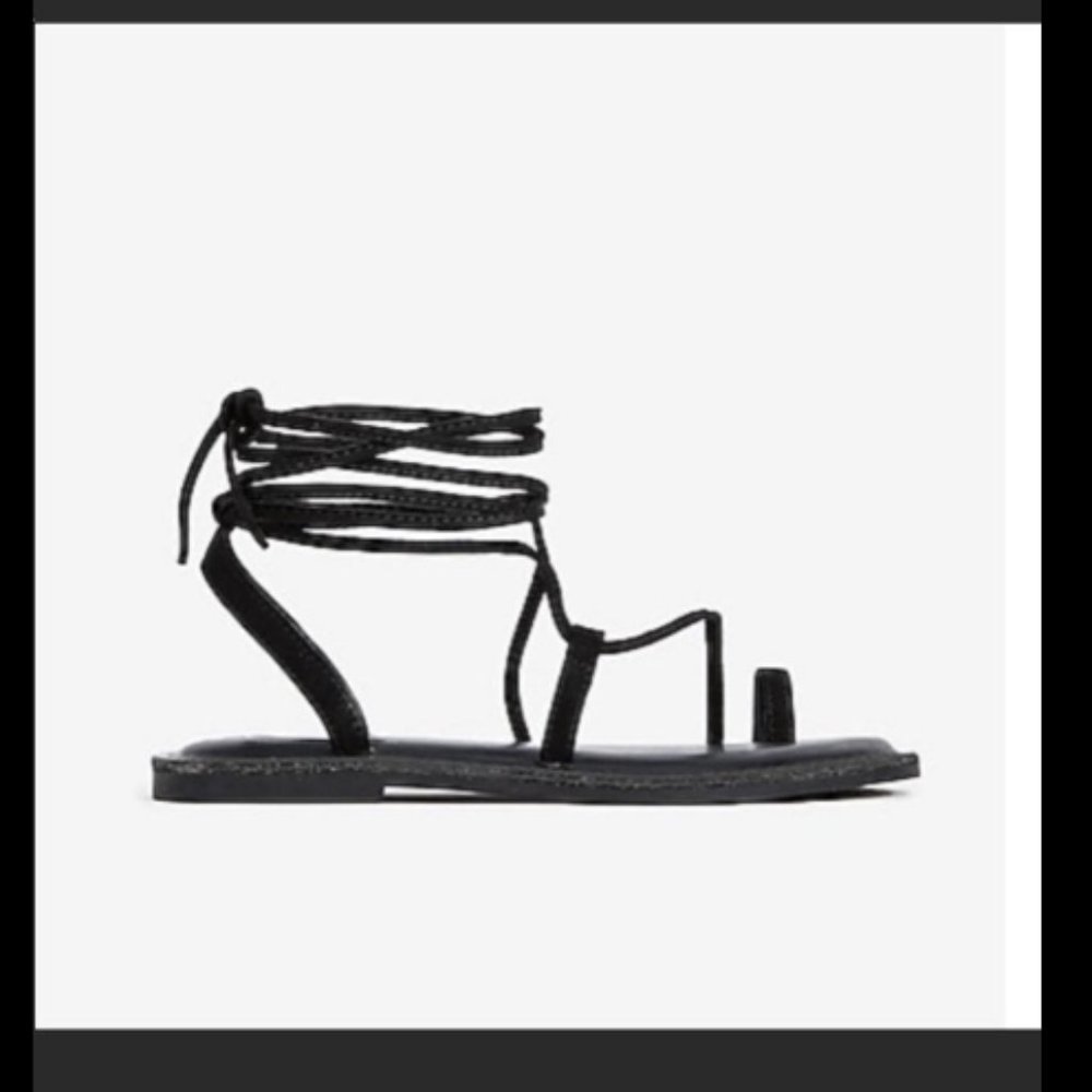 Black Express Toe Ring Lace-Up Sandals